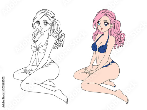 Pretty anime girl with pink hair wearing blue swimsuit. Sitting pose.