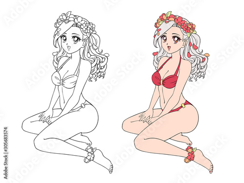 Pretty anime girl wearing swimsuit and flower wreath. Sitting pose.