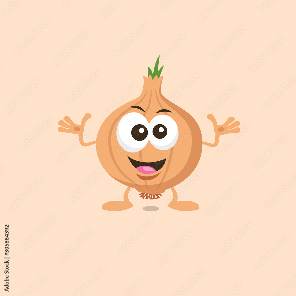 Obraz premium Illustration of cute decisive onion mascot recommends with big smile isolated on light background. Flat design style for your mascot branding.