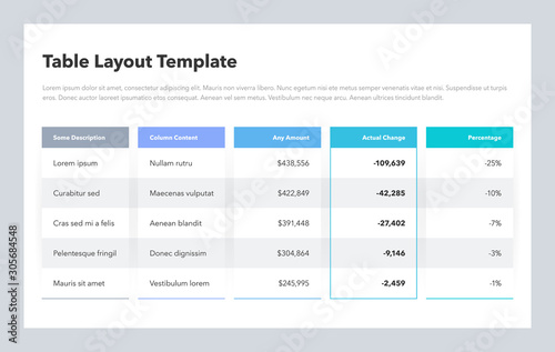 Modern business table layout template. Flat design, easy to use for your website or presentation.