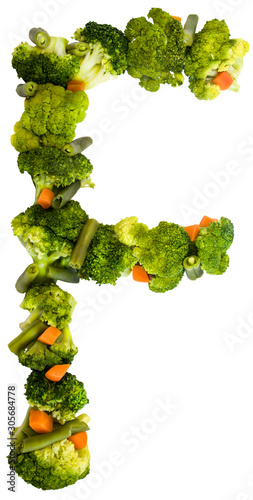 Letter F. Healthy lifestyle and nutrition. English alphabet. Text from the products. Broccoli, asparagus, carrots. Designer font. Vegetable Font.