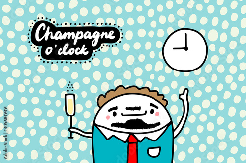 Champagne o'clock hand drawn vector illustration in cartoon comic style businessmen holding glass of drink