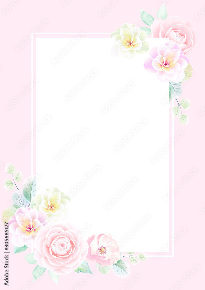 Set of card with flower camellia, leaves. Wedding ornament concept. Floral poster, invite. Decorative greeting card or invitation design background