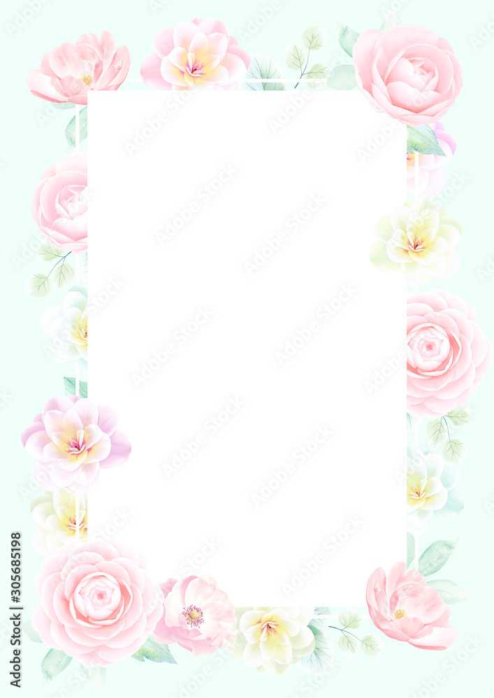 Set of card with flower camellia, leaves. Wedding ornament concept. Floral poster, invite. Decorative greeting card or invitation design background