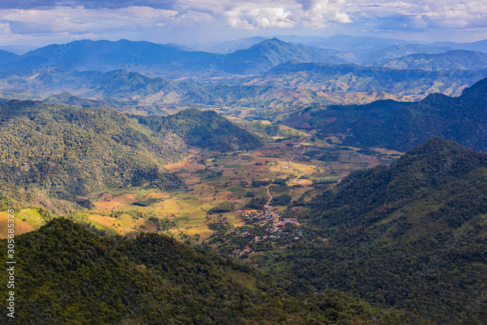Small village in the middle of the valley in Laos, when viewed from the Thai side