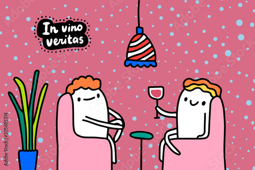 In vino veritas hand drawn vector illustration in cartoon comic style friends drinking together