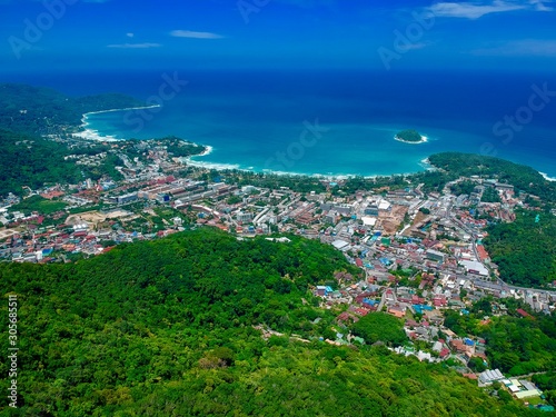 Drone panorama Aerial Views of Big Buddha Phuket Thailand kata and karon beach in background turquoise waters 