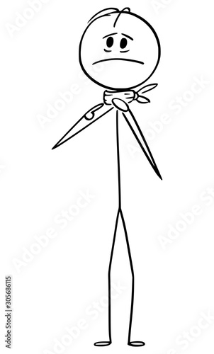 Vector cartoon stick figure drawing conceptual illustration of sick man suffering pain or sore throat.