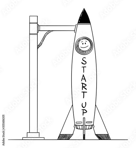 Vector cartoon stick figure drawing conceptual illustration of man in space rocket on launchpad, business concept of startup or start-up.