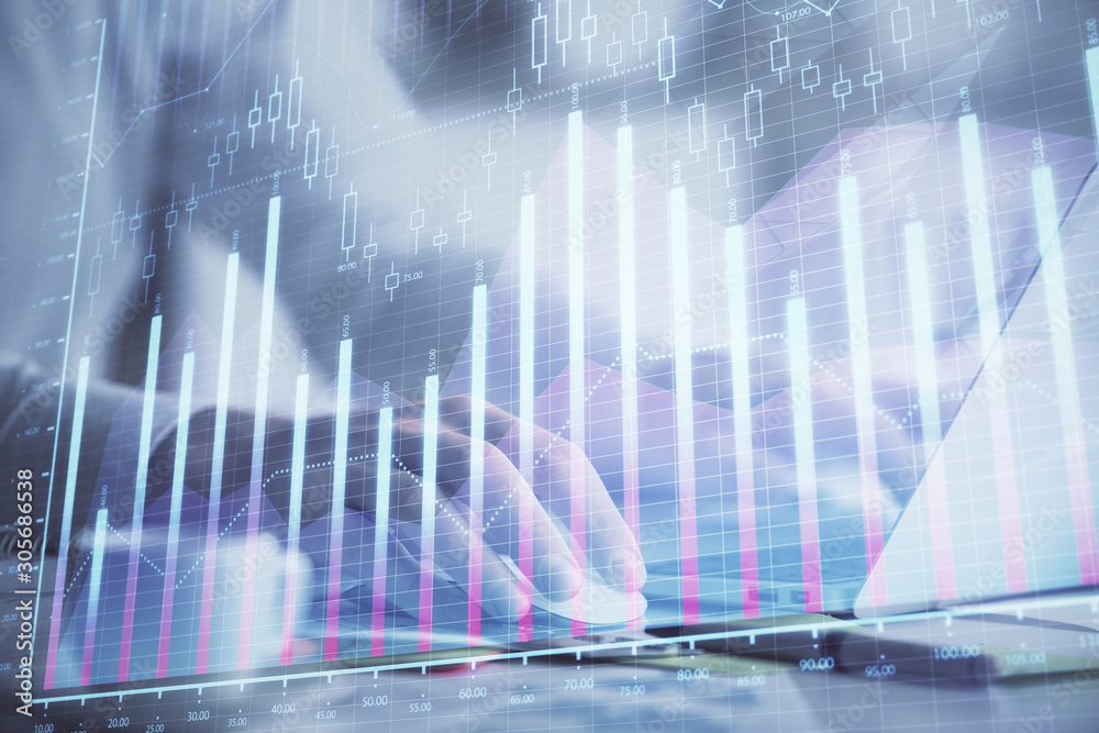 Double exposure of forex graph with man working on computer on background. Concept of market analysis. Double exposure of forex graph with man working on computer on background. Concept of market analysis.