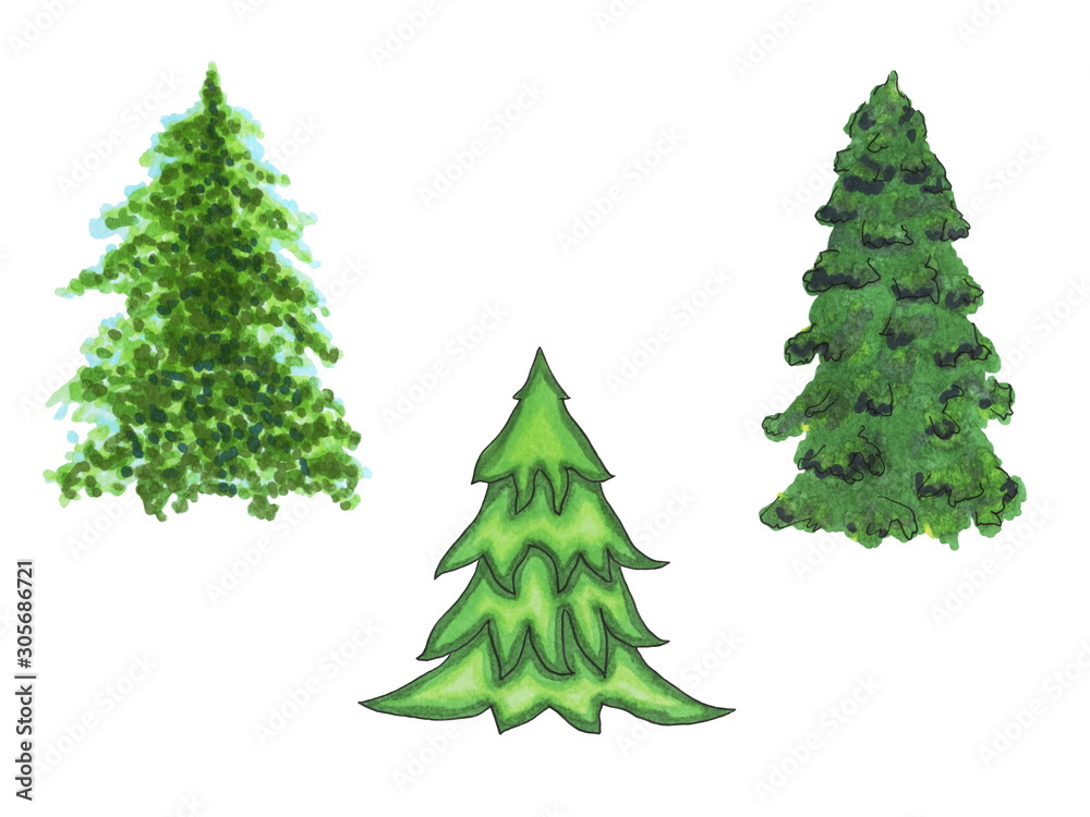Set of hand drawn Christmas trees. Set of marker green fir tree illustrations. Christmas design element