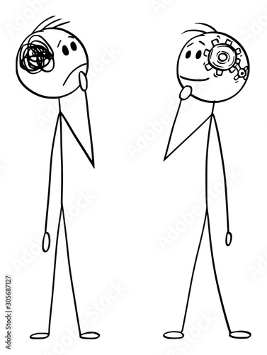Vector cartoon stick figure drawing conceptual illustration of two men or businessmen thinking. Difference between simple straightforward neat and messy thinking.