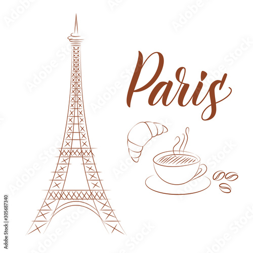 Eiffel tower and coffee with croissant sketchy style isolated on white background for cards or banner with copyspace for text. Vector illustrations