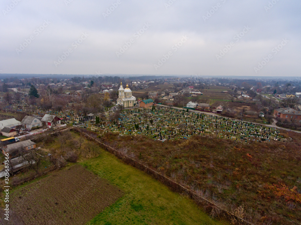 Aerial view of Church in the cemetery.