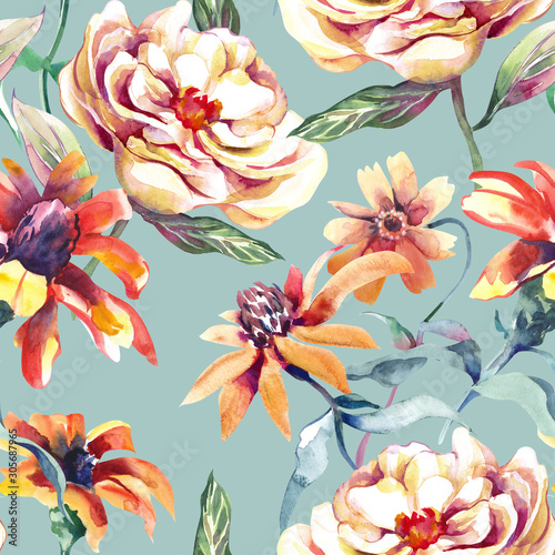 Summer Flowers Seamless Pattern. Watercolor Illustration. photo