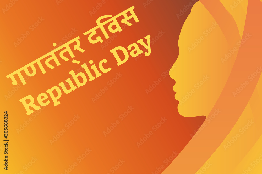 Background for Indian holiday Republic Day with inscription Republic Day In english and hindi. Female silhouette. Template for background, banner, card, poster with text inscription.