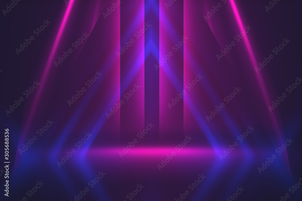 Empty dark abstract background. Background of empty show scene. Glow of neon lights on an empty concert stage. Empty dark abstract background. Background of empty show scene. Glow of neon lights on an empty concert stage.