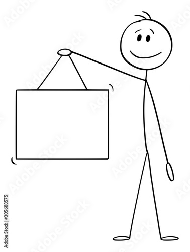 Vector cartoon stick figure drawing conceptual illustration of man or businessman holding empty hanging sign.