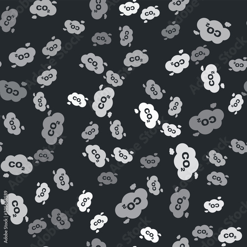 Grey CO2 emissions in cloud icon isolated seamless pattern on black background. Carbon dioxide formula symbol, smog pollution concept, environment concept. Vector Illustration