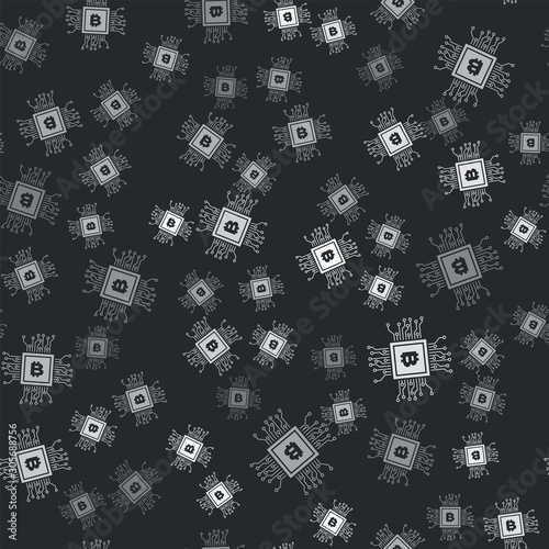 Grey CPU mining farm icon isolated seamless pattern on black background. Bitcoin sign inside processor. Cryptocurrency mining community. Digital money. Vector Illustration