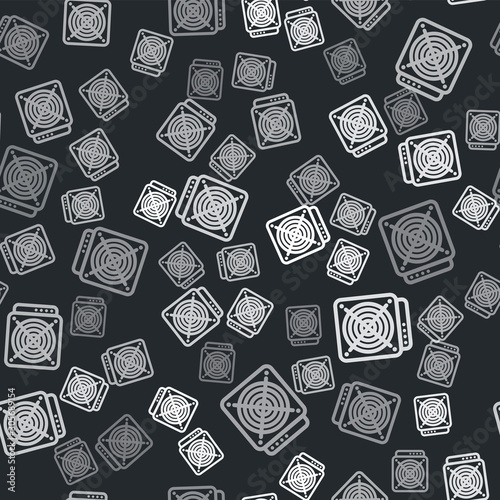 Grey ASIC Miner icon isolated seamless pattern on black background. Cryptocurrency mining equipment and hardware. Application specific integrated circuit. Vector Illustration
