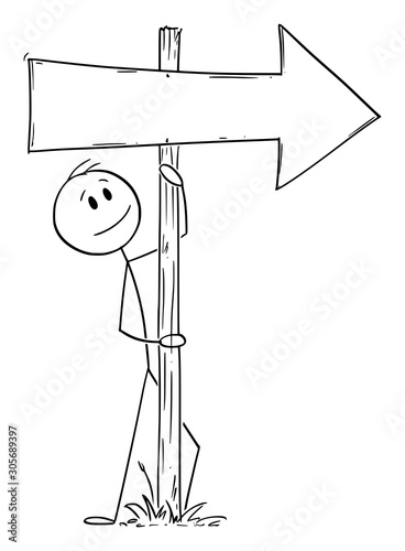 Vector cartoon stick figure drawing conceptual illustration of man or businessman leaning towards old empty wooden directional arrow signpost or sign,