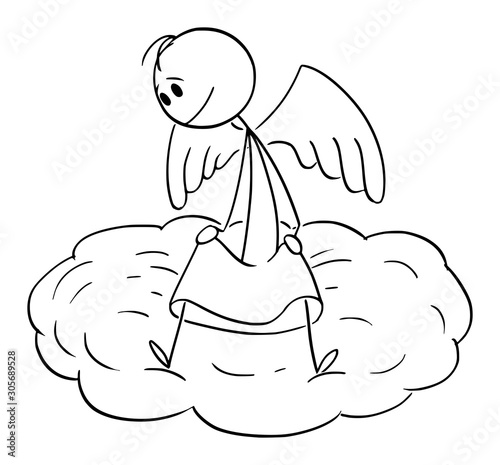 Vector cartoon stick figure drawing conceptual illustration of man sitting on cloud and watching down the world.