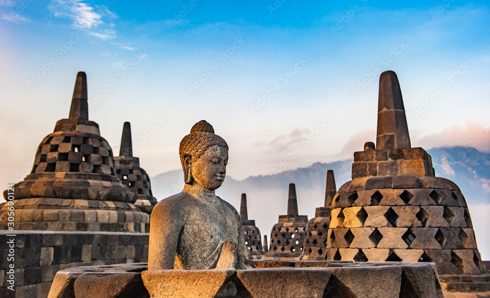 Borobudur temple at sunrise, Java, Indonesia - obrazy, fototapety, plakaty 
