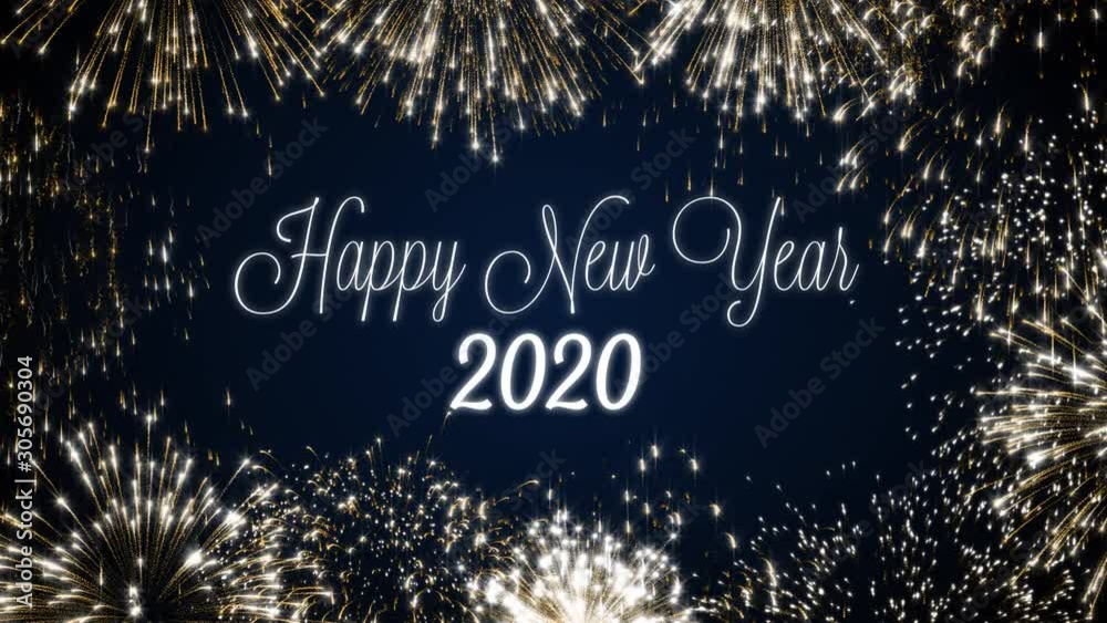 Looping happy new year 2020 social post card with gold animated fireworks on elegant black and blue background.Loop Celebration english language concept. Loopable animation for festive holiday event