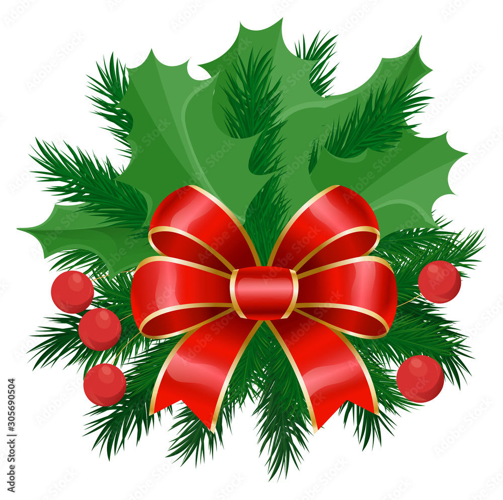 Symbolic christmas decoration. Isolated mistletoe with fir tree branches, pine cone and red ribbon bow decor. Greenery decorated with snowflakes ornaments. Xmas and new year adornment vector