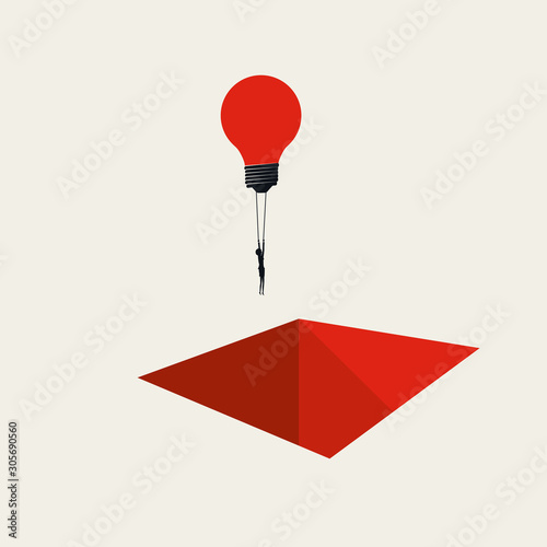 Creative solutions in business vector concept with businessman flying with lightbulb over hole. Symbol of leadership.