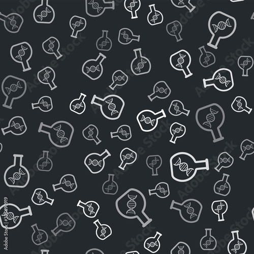 Grey DNA research, search icon isolated seamless pattern on black background. Genetic engineering, genetics testing, cloning, paternity testing. Vector Illustration