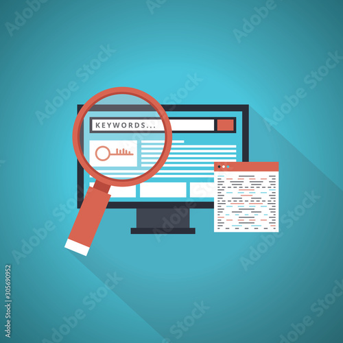 Key wording, SEO key wording process, keyword research, keywords optimization flat vector illustration design.