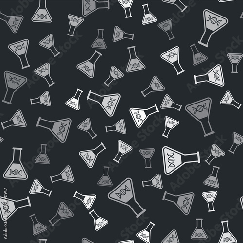 Grey DNA research, search icon isolated seamless pattern on black background. Genetic engineering, genetics testing, cloning, paternity testing. Vector Illustration