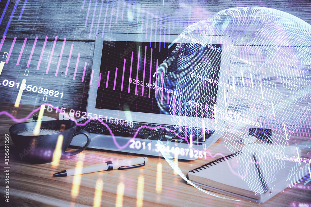 Multi exposure of chart and financial info and work space with computer background. Concept of international online trading. Multi exposure of chart and financial info and work space with computer background. Concept of international online trading.