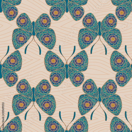 Vector Blue Green Butterflies with Floral Wings on Beige Background. Background for textiles, cards, manufacturing, wallpapers, print, gift wrap and scrapbooking.