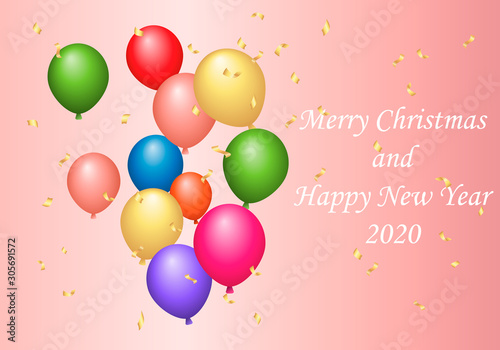 Banner: Merry Christmas and Happy New Year 2020 with colorful balloons and confetti. Congratulatory quote for banner or postcard on pink background. Vector illustration, EPS 10.