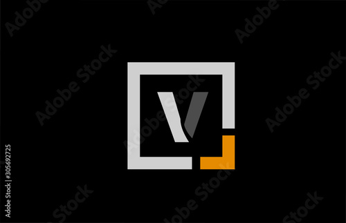 black white orange square letter V alphabet logo design icon for company