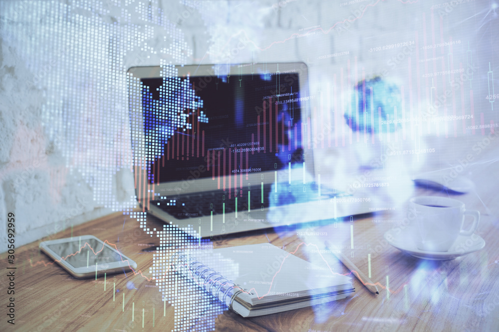 Naklejka premium Stock market graph and table with computer background. Multi exposure. Concept of financial analysis.