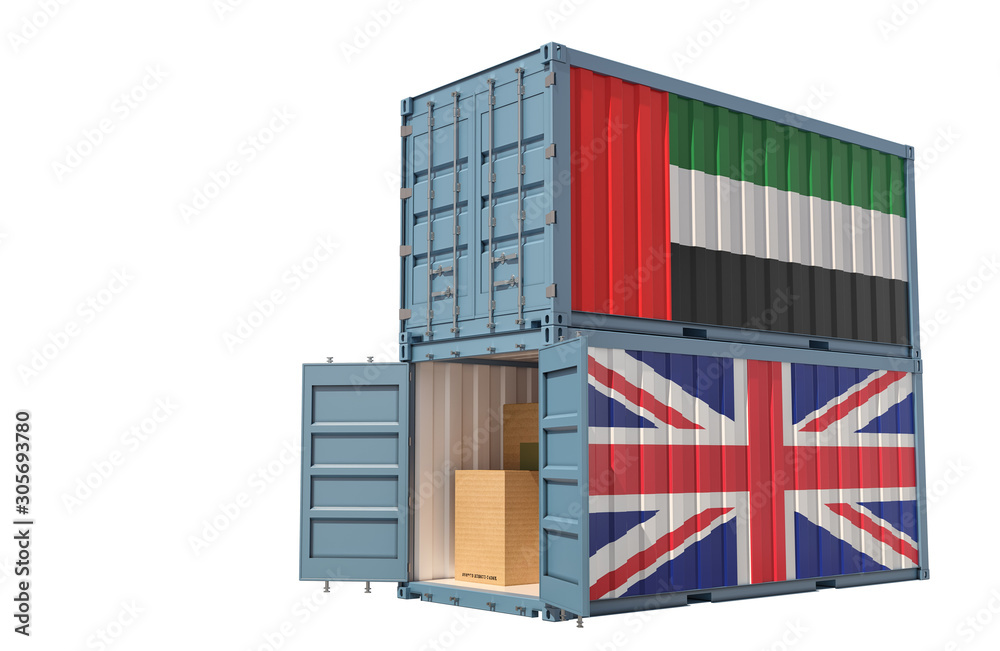 Two freight container with United Kingdom and United Arab Emirates flag. 3d rendering Two freight container with United Kingdom and United Arab Emirates flag. 3d rendering