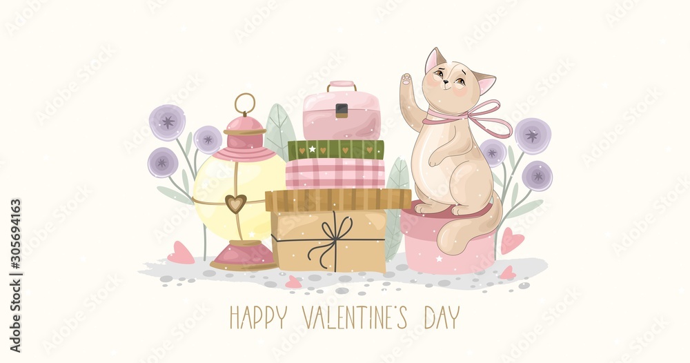 Valentine's day card. Romantic cat with festive elements. Hand lettering. Vector illustration. Template for Invitation, greetings, congratulations, posters Valentine's day card. Romantic cat with festive elements. Hand lettering. Vector illustration. Template for Invitation, greetings, congratulations, posters