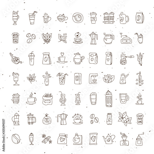 Vector set of coffee icons on white background. Hand drawn coffee icon, vector doodle collection. Morning coffee, logo with cafe, beans, leaves, coffee pots, cups and other accessories