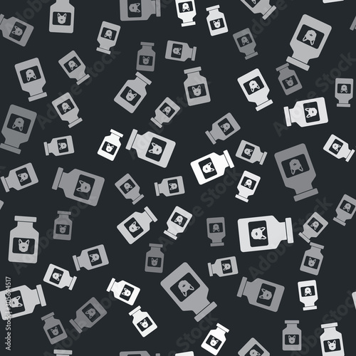 Grey Dog medicine bottle icon isolated seamless pattern on black background. Container with pills. Prescription medicine for animal. Vector Illustration