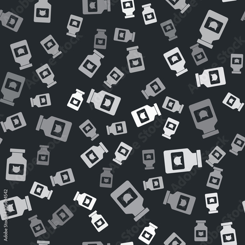 Grey Cat medicine bottle icon isolated seamless pattern on black background. Container with pills. Prescription medicine for animal. Vector Illustration