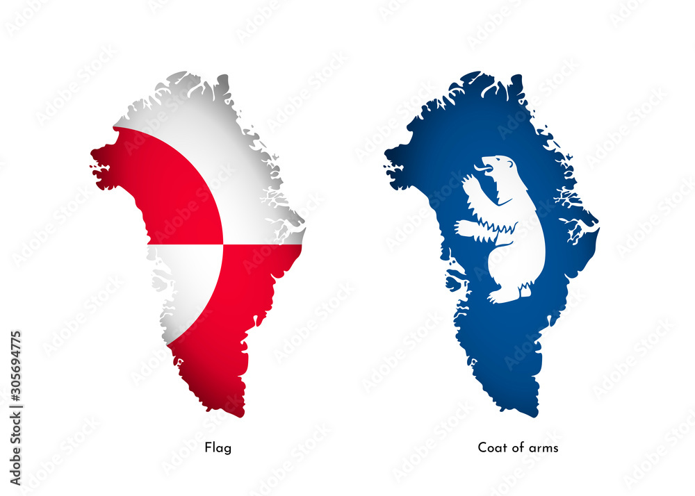 Vector illustration with national flag and Coat of arms on map (simplified  shape) of Greenland. Volume shadow on the map Stock Vector | Adobe Stock