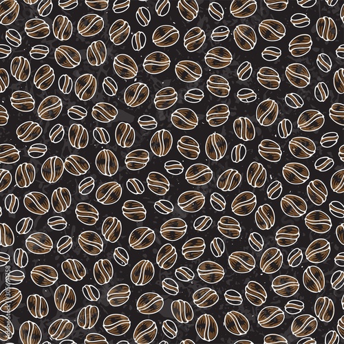 Vector hand drawn pattern of coffee seeds. Coffee beans seamless pattern on white background. Seamless coffe background with bean and seed of cafe. Simple coffee pattern on black chalkboard photo