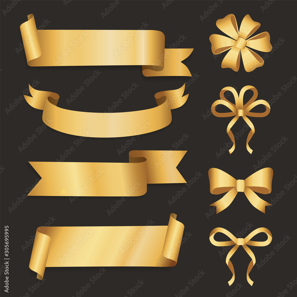 Ribbon and bow set on black background. Empty space on golden glossy tape. Decoration element knot and band collection. Shiny icon for package or gift, holiday strip for lettering greeting card vector Ribbon and bow set on black background. Empty space on golden glossy tape. Decoration element knot and band collection. Shiny icon for package or gift, holiday strip for lettering greeting card vector