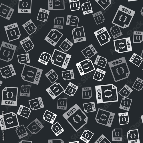 Grey CSS file document. Download css button icon isolated seamless pattern on black background. CSS file symbol. Vector Illustration