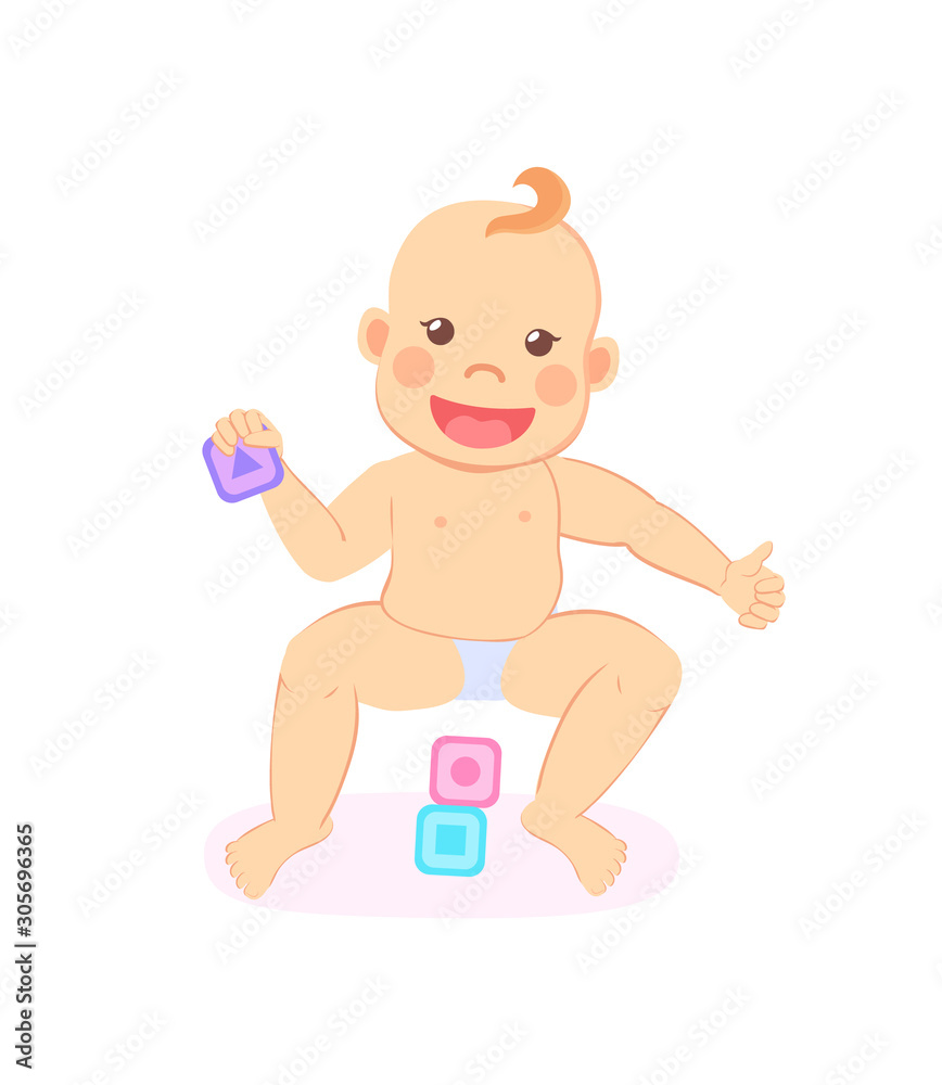 Smiling baby playing with wooden blocks isolated. Vector milestones kid constructing pyramid of bricks, 6-12 months toddler sitting on floor and smiling Smiling baby playing with wooden blocks isolated. Vector milestones kid constructing pyramid of bricks, 6-12 months toddler sitting on floor and smiling