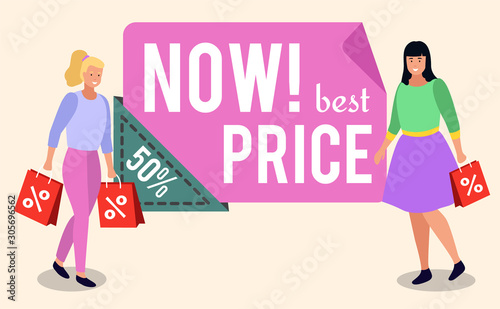 Women holding bags bought on 50 percent off. Promotional banner, announcement of shop or online store. Female characters happy with purchases. Ladies using special proposals at market vector